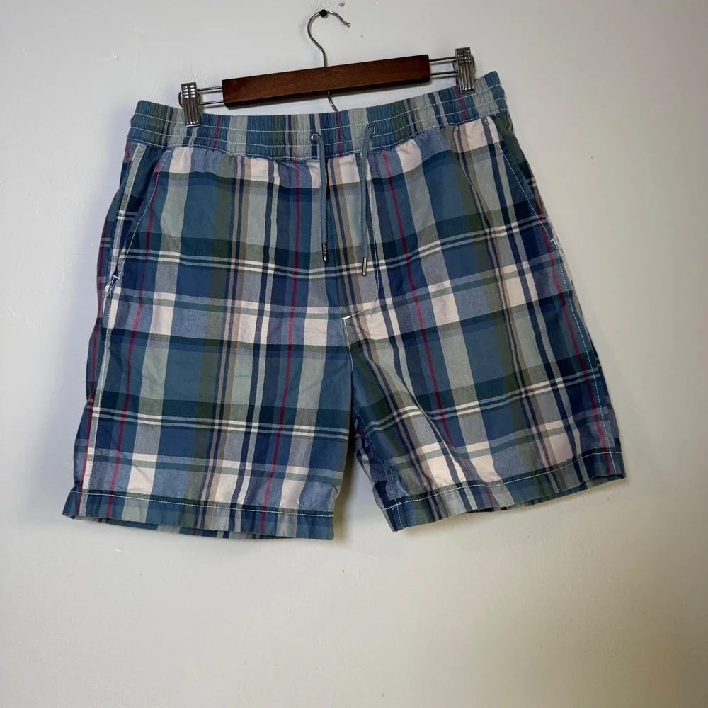 American Eagle‎ Classic Plaid Drawstring Shorts Size M Blue Green